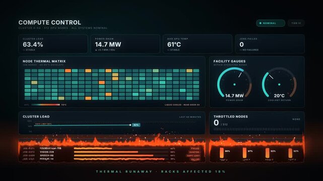 Data Center Compute Dashboard Overheating to Red as Thermal Runaway Forces Emergency Shutdown