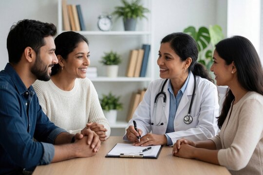 Indian female doctor consults young married couple in fertility clinic. Specialist discusses IVF IUI treatment options for pregnancy planning. Happy patients talk with gynecologist about reproductive