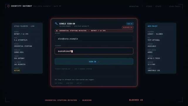Login Screen Blocking a Credential Stuffing Attack Then Granting Access With a Passkey