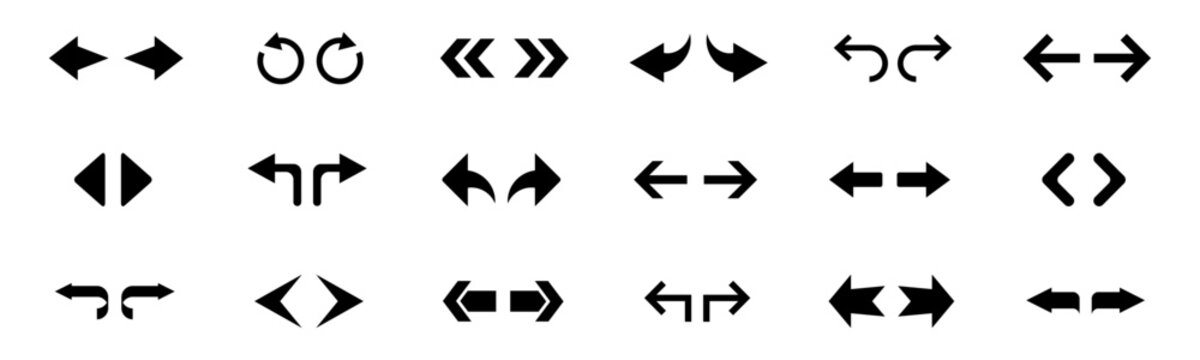 Arrow direction symbol set. Extensive set of diverse arrow icons for modern user interface. Undo redo arrows. Black arrow icons. Diverse arrow icon set Editable stroke.