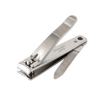 Stainless steel nail clippers with integrated nail file isolated on white