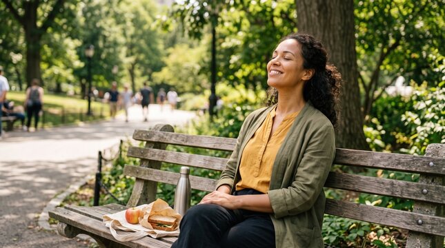 A professional woman enjoys a mindful lunch break on a park bench. She finds relief from workplace stress in warm natural light. Ideal for mental health and employee burnout prevention themes.
