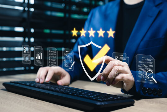 Quality Assurance and Certification Compliance Concept. Woman touching standard quality control certificate assurance guarantee for automation process. quality control management, Audit Documentation,