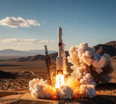 Powerful space rocket launches from desert pad at sunrise. Massive clouds of white smoke, fire erupt during takeoff. Heavy engine thrust propels spacecraft towards sky above mountain landscape. High