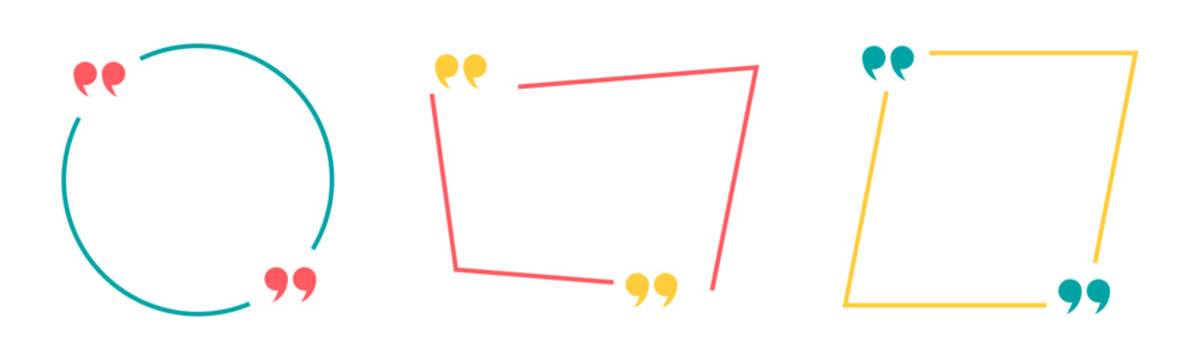 Colorful quote frame set. Testimonial and speech concepts. quotation border symbols. chat box indicators. pink teal yellow frames.
