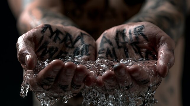 441. A psychological metaphor for unlearning toxic conditioning. A person using clean, clear water to wash away heavy, black ink slogans painted onto their skin, revealing their pure, natural 