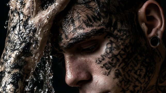 441. A psychological metaphor for unlearning toxic conditioning. A person using clean, clear water to wash away heavy, black ink slogans painted onto their skin, revealing their pure, natural 