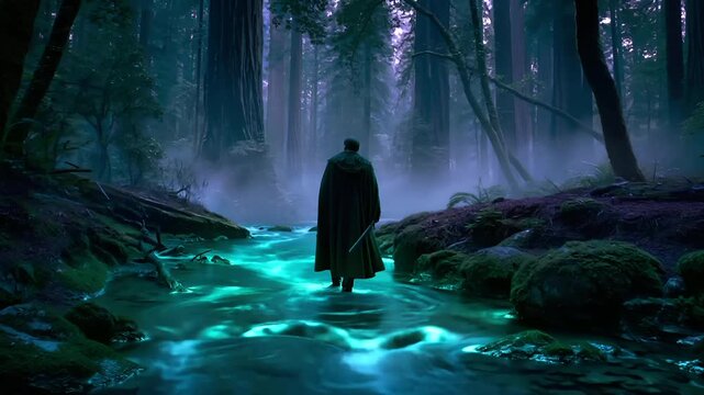 A vivid portrayal of a mystical forest scene. A solitary figure stands in the center of the image, facing away from the viewer, wearing a long, dark cloak that billows around them. The figures.