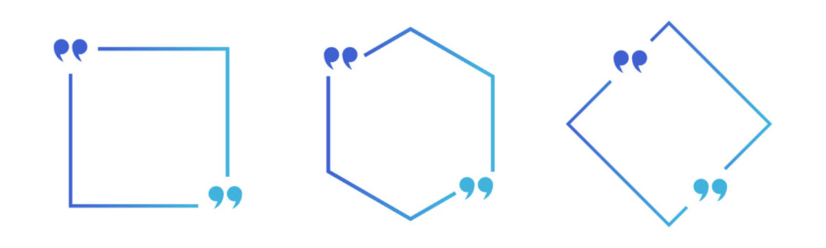 Quote frame set. Blue gradient quotation mark box hexagon diamond border design element. Testimonial review speech text banner background. Vector illustration.