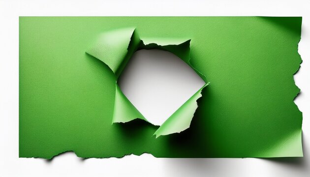 green square paper sheet with a torn hole in the center isolated on white background