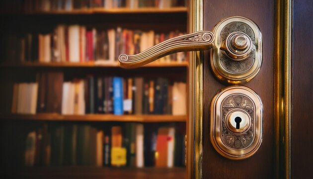vintage brass combination lock door handle with a bookshelf in background