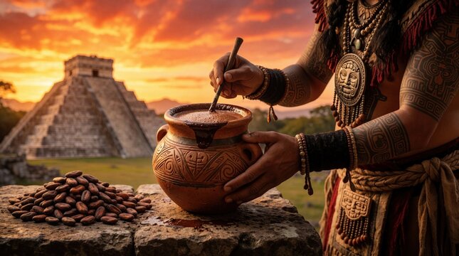 Mayan man prepares cacao drink in traditional pot. Ancestral ritual happens near pyramid ruins during vibrant sunset. Cacao beans pile on stone altar.