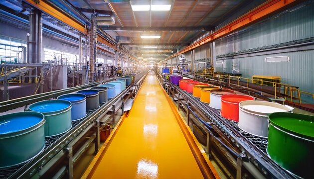 industrial paint factory with conveyor system and color tanks