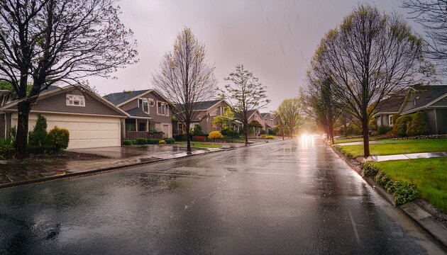 quiet residential neighborhood street during heavy rainfall in suburban area