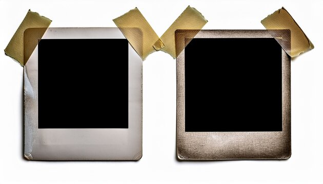 old vintage polaroid photo frame with four adhesive tape corners isolated on white background