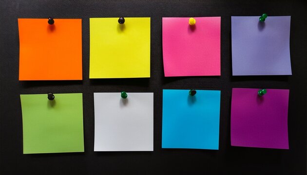 eight colorful square sticky notes pinned in two rows featuring green yellow blue orange purple black white and pink notes