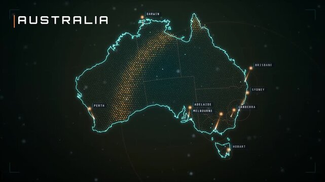 Australia Map With State Borders Orange City Markers and Sweeping Particle Data Waves