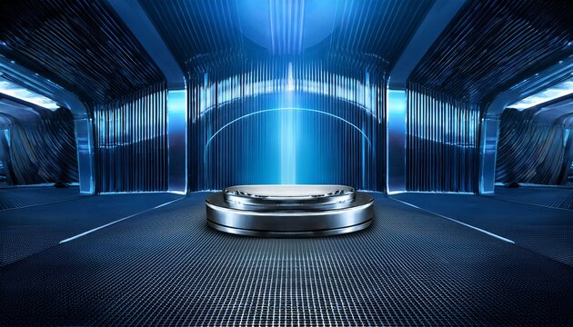 a futuristic metallic room with blue lighting and a central pedestal