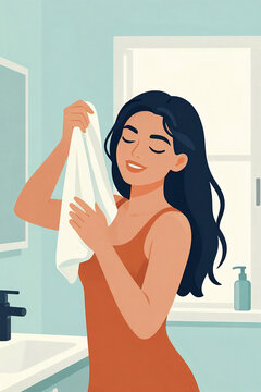 Joyful Woman Enthusiastically Toweling Dry Her Luxurious Long Hair in a Sunlit Bathroom, Radiating Pure Happiness and Contentment
