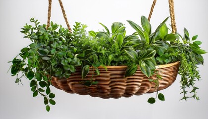 Naklejka premium lush hanging green plant in wooden basket isolated on white background
