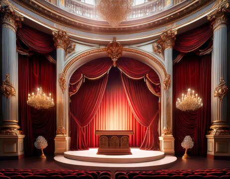 a grand ornate stage with red curtains and a podium in the center with a spotlight illuminating the scene