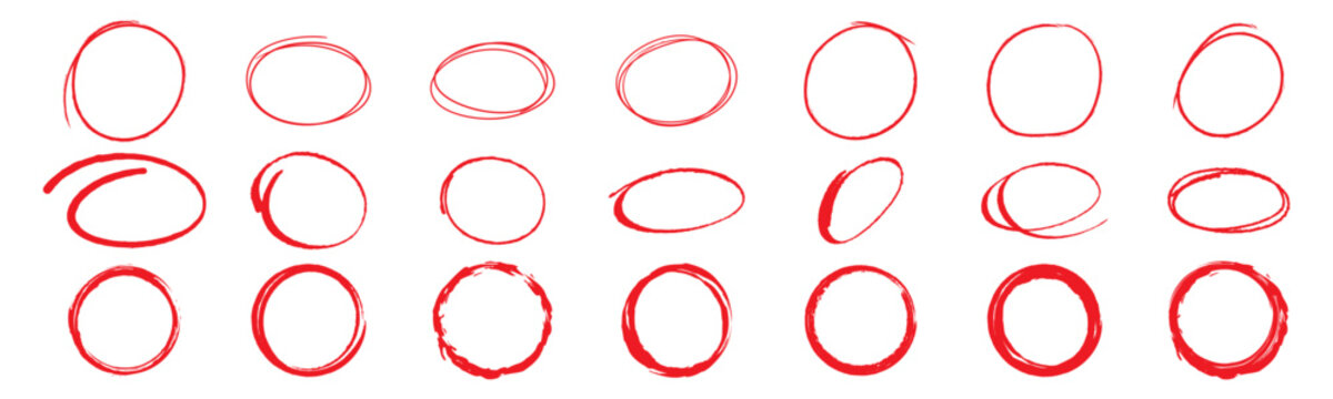 Red pen drawn circle. Hand drawn red circle highlight set. Red scribble frame concepts. Red marker circle symbols. sketch outline indicators. doodle highlight icons.