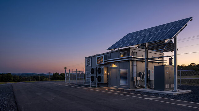 Professional battery storage station with rooftop solar panels under a clear blue twilight sky.