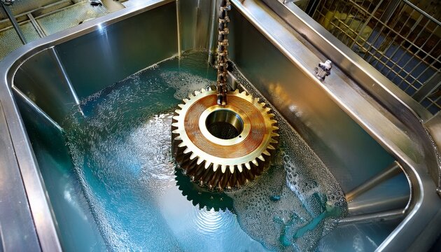 a wide high angle view of a steel gear being lifted from a chemical electroplating chrome bath