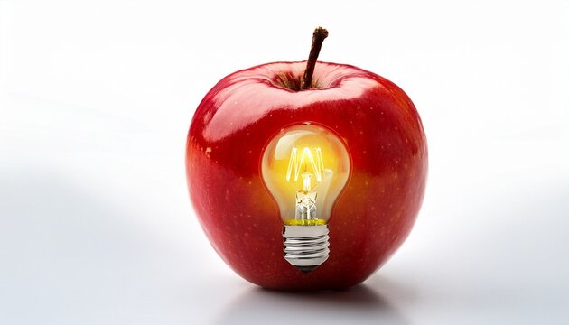 red apple with glowing light bulb inside isolated on white background