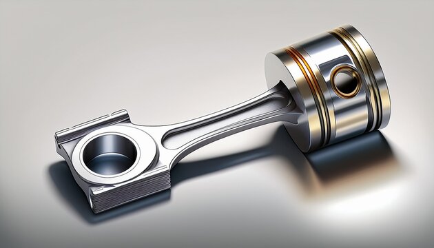 a shiny metal piston and connecting rod on a white background