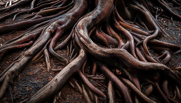 a close up of tree roots that are black and brown the roots are twisted and gnarled giving the impression of a tangled mess scene is one of mystery and intrigue