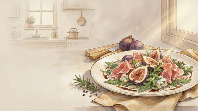 A national dish of Italian cuisine. 
Insalata con prosciutto e fichi &mdash; a dish that combines salty slices of prosciutto crudo, ripe figs, and piquant Gorgonzola. Photo with space for text. 