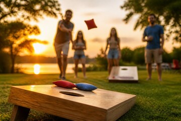 Fototapeta premium Friends playing cornhole on lakeside lawn during sunset