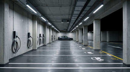 Obraz premium View inside subterranean concrete parking facility with several electric vehicle stations now.