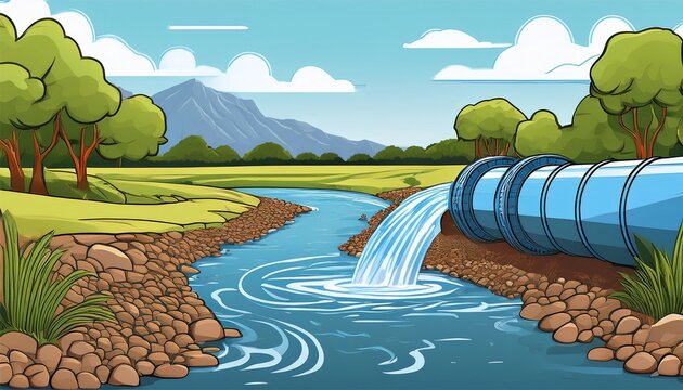 industrial pipe releasing water into river with gravel and greenery in landscape scene