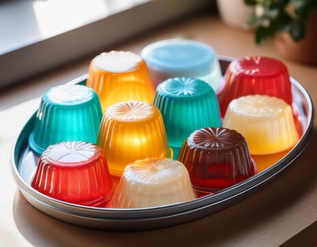 assorted gelatin molds resting on tray on sunlit kitchen table