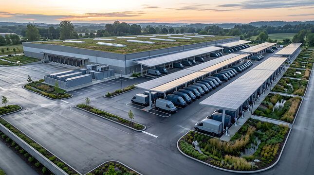 Aerial view of large logistics warehouse with green roof and rows of electric delivery vans parked.