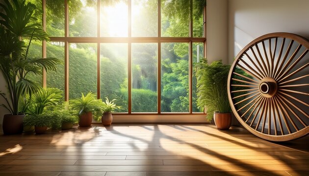 sunlit room with lush greenery wooden wheel and large windows