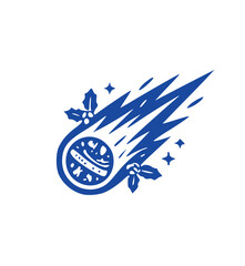 Shooting Star with Holly icon. Blue outline of a fast moving cosmic comet decorated with festive winter leaves, ideal for sci-fi holiday greeting card designs © Mr. Akash