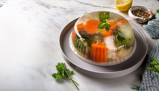 vegetable aspic mold chilled on marble board with herbs