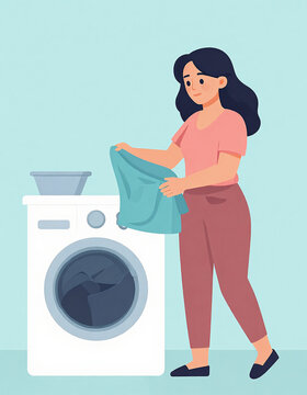 Determined Woman Handling Laundry in Cozy Home Environment, Radiating Warmth and Practicality Amidst Sunlit Living Space