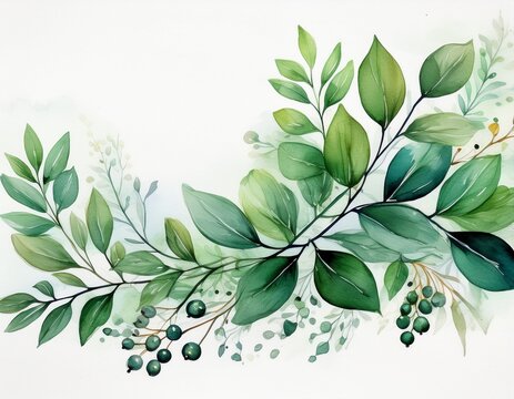 a watercolor painting of a green leafy branch with green leaves and berries on a white background