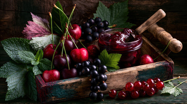 Fresh cherries with homemade jam in a wooden cradle