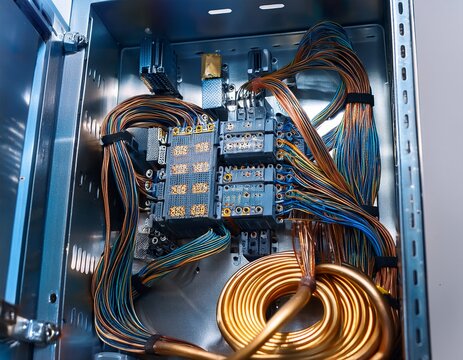 close up of electrical wires and components inside metallic enclosure