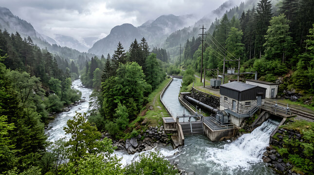 Small hydroelectric power plant station situated in deep green valley with mountain river flow.