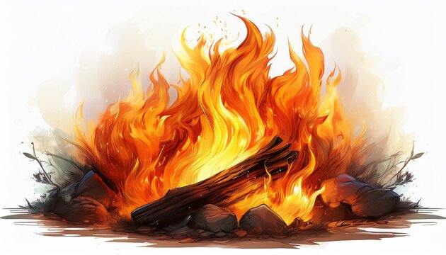 bright orange blazing campfire flames with glowing isolated on white background