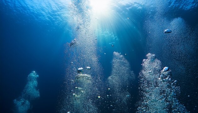 rising air bubbles in deep blue water capturing light and motion underwater