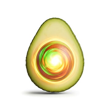 A surreal fantasy sliced avocado with a glowing magical swirling vortex inside instead of a seed