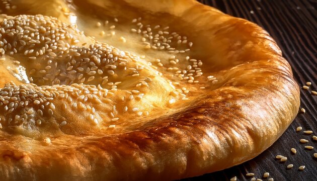 macro view of traditional baked uzbek flatbread patyr with sesame seeds