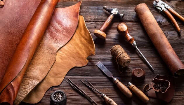 handcrafting sheepskin leather items on work table with tools and materials